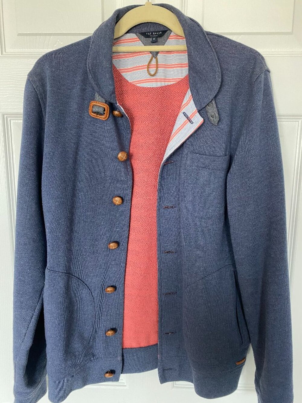 Ted Baker Blue Knitted Over-Jacket Cardigan Size 3 M | Wood Button Details